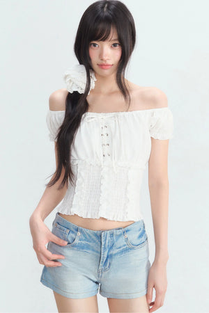 Off-Shoulder Puff Sleeve Lace-Up Top