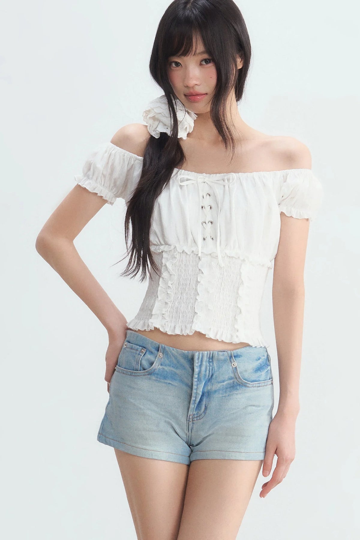 Off-Shoulder Puff Sleeve Lace-Up Top