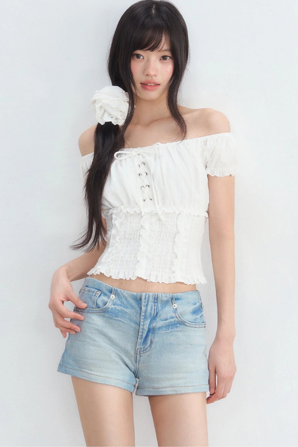 Off-Shoulder Puff Sleeve Lace-Up Top