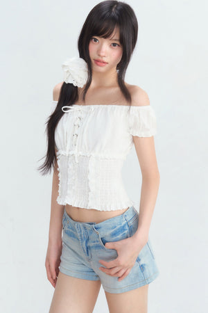 Off-Shoulder Puff Sleeve Lace-Up Top