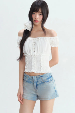 Off-Shoulder Puff Sleeve Lace-Up Top