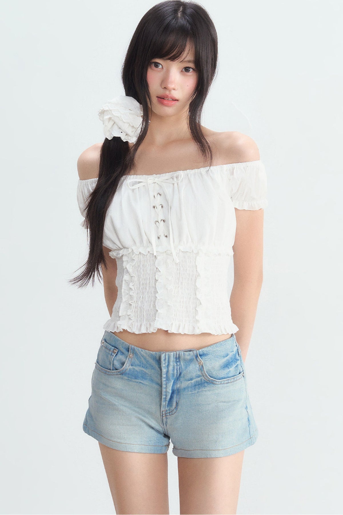 Off-Shoulder Puff Sleeve Lace-Up Top