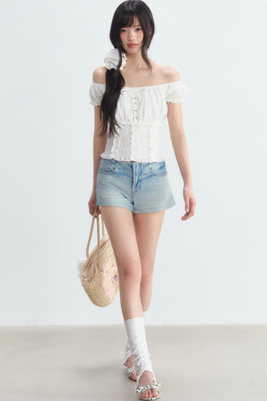 Off-Shoulder Puff Sleeve Lace-Up Top
