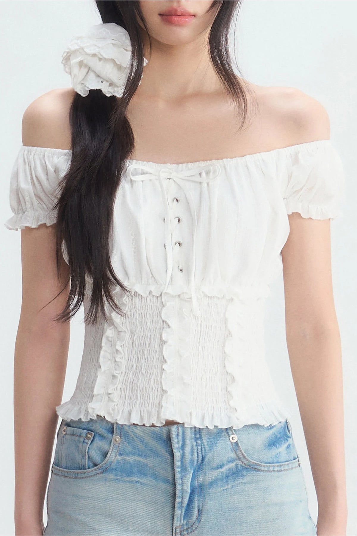 Off-Shoulder Puff Sleeve Lace-Up Top