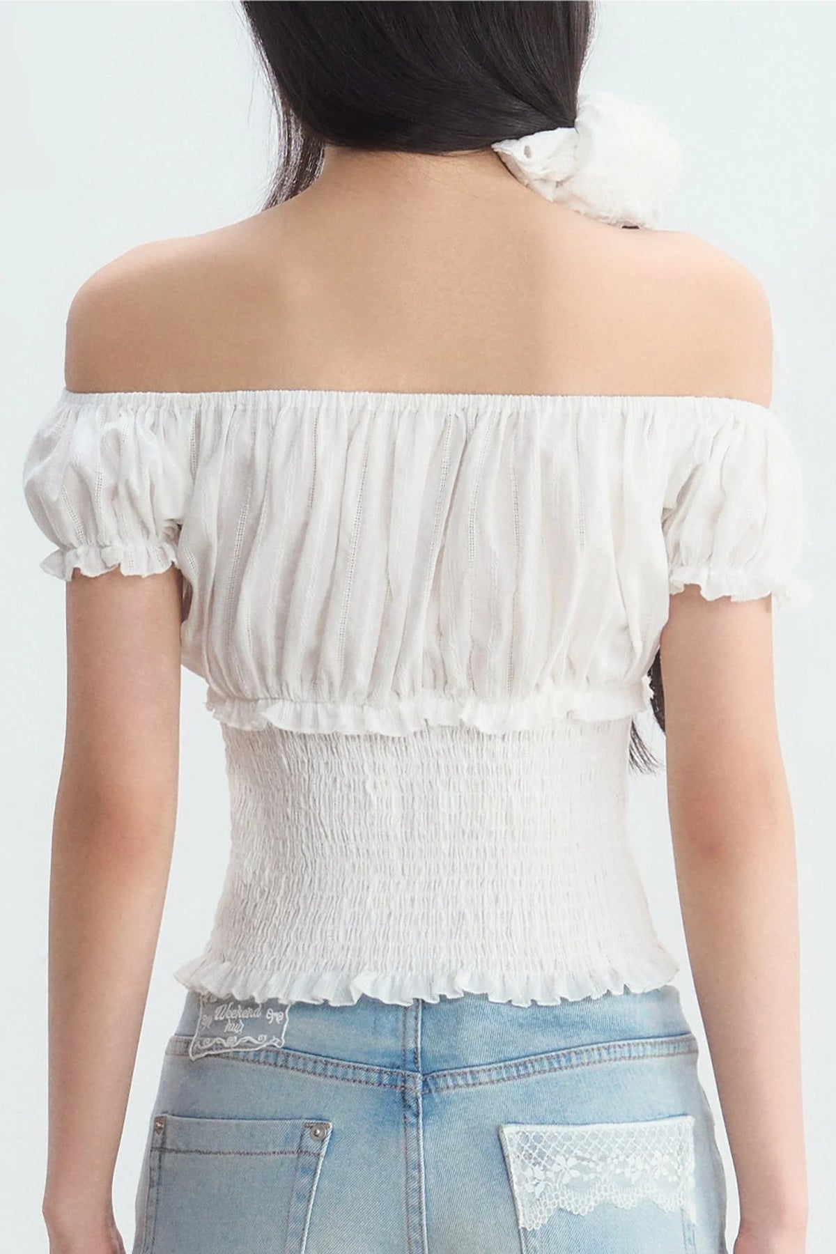 Off-Shoulder Puff Sleeve Lace-Up Top
