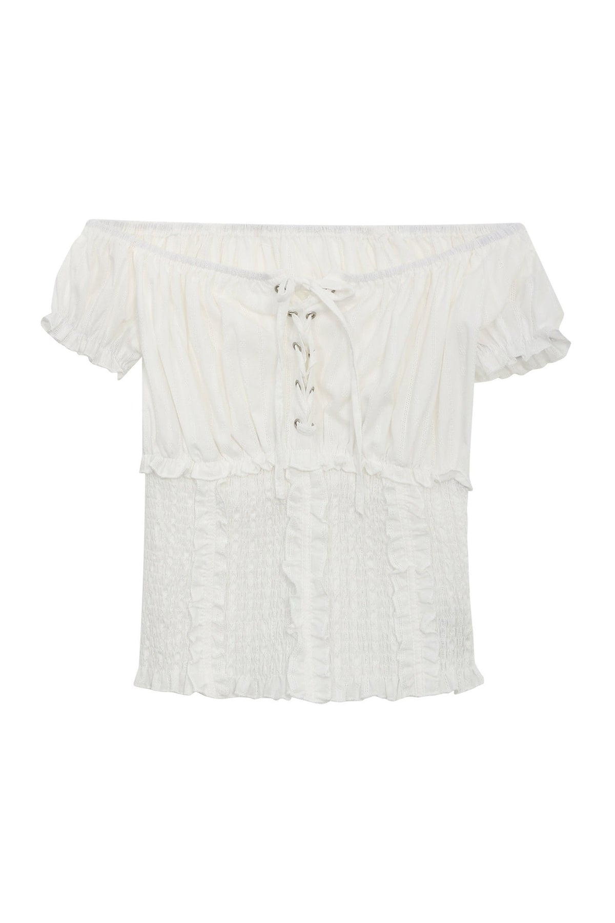 Off-Shoulder Puff Sleeve Lace-Up Top
