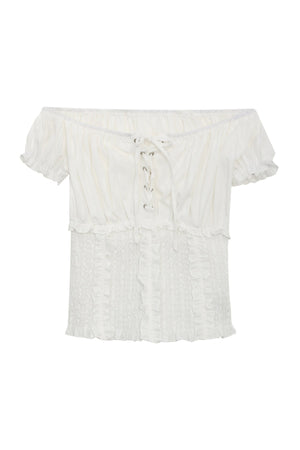 Off-Shoulder Puff Sleeve Lace-Up Top