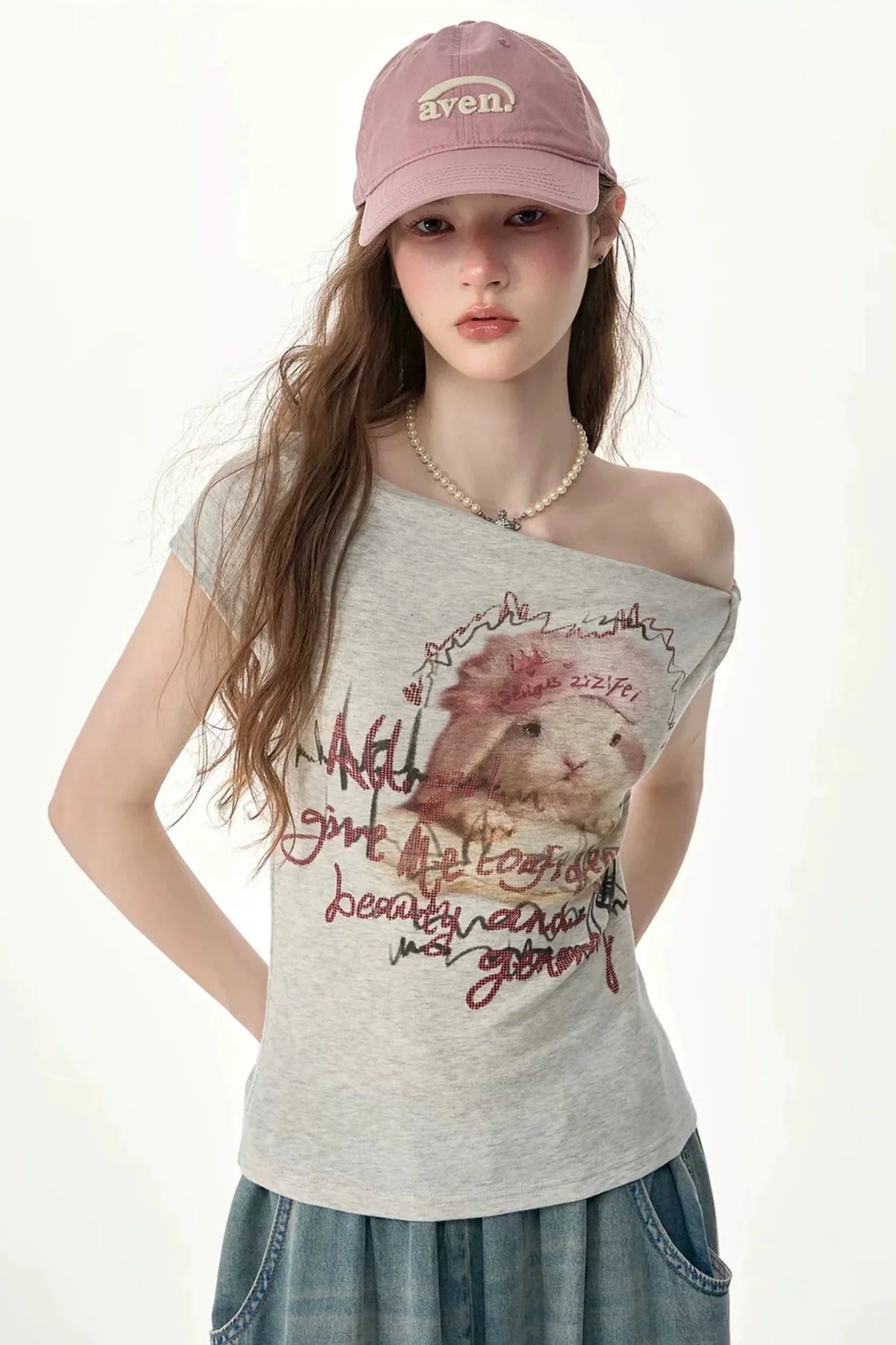 Off-Shoulder Rabbit Print Short-Sleeve T-Shirt