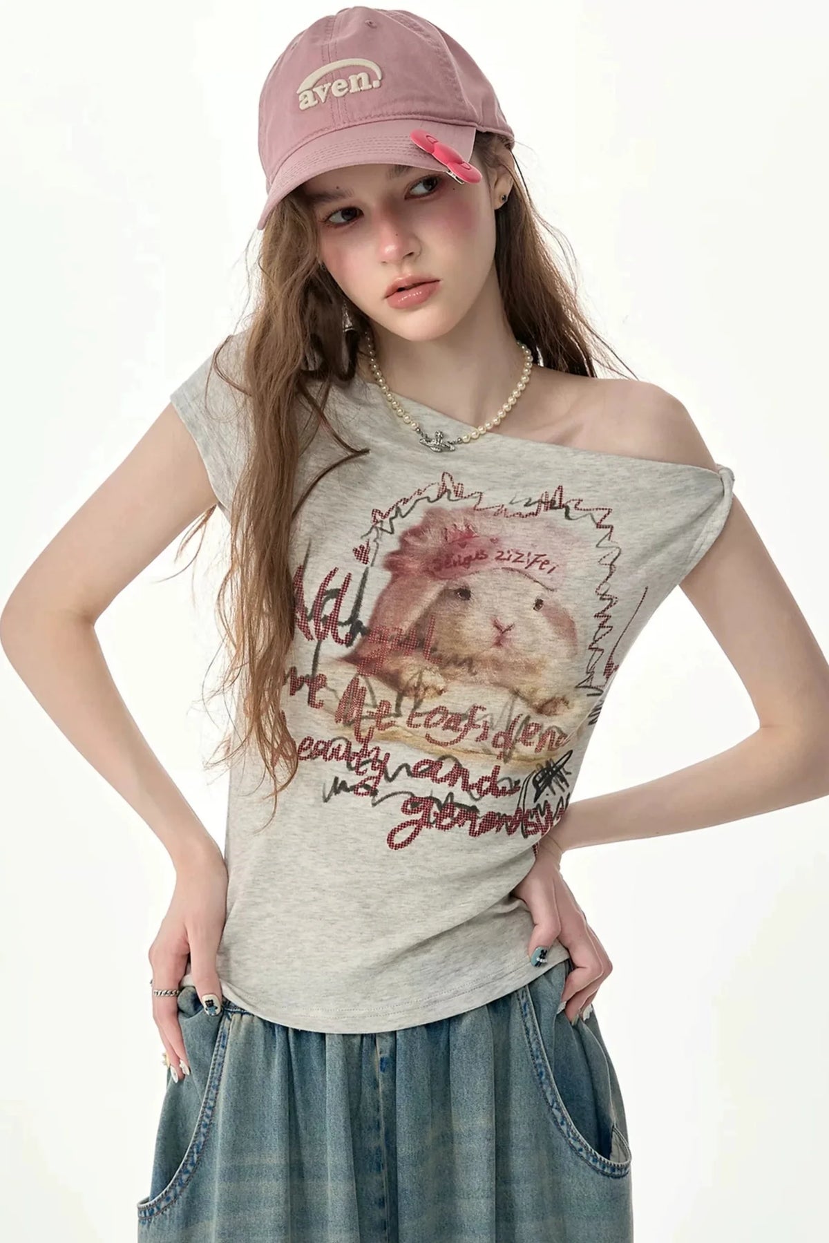 Off-Shoulder Rabbit Print Short-Sleeve T-Shirt