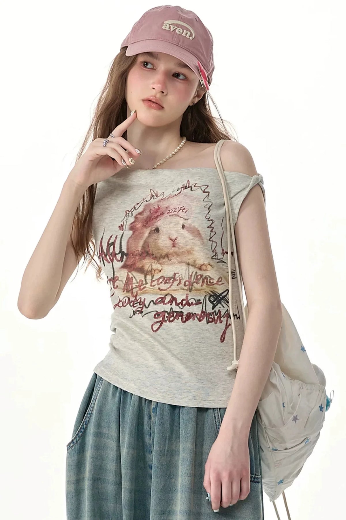Off-Shoulder Rabbit Print Short-Sleeve T-Shirt
