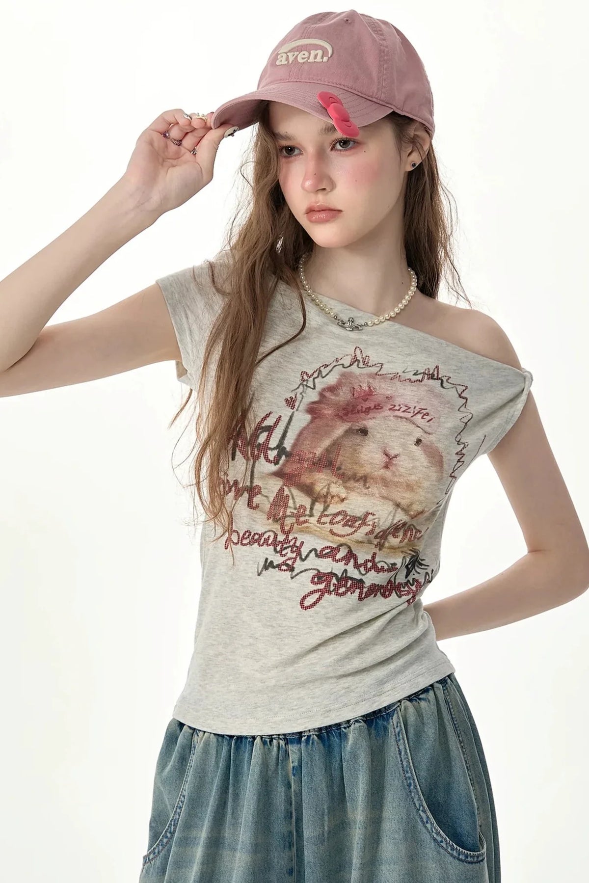 Off-Shoulder Rabbit Print Short-Sleeve T-Shirt