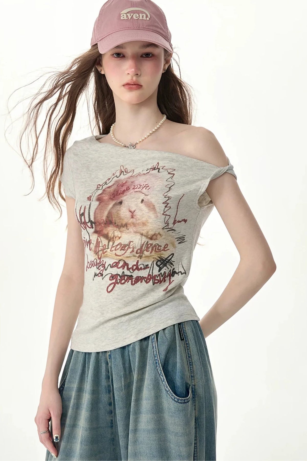 Off-Shoulder Rabbit Print Short-Sleeve T-Shirt