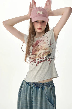 Off-Shoulder Rabbit Print Short-Sleeve T-Shirt