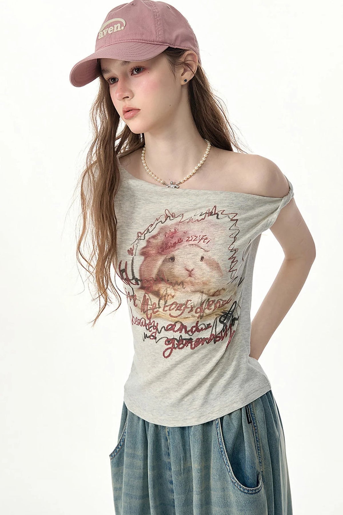 Off-Shoulder Rabbit Print Short-Sleeve T-Shirt