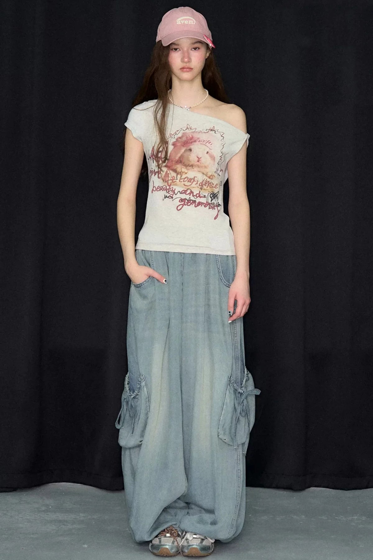 Off-Shoulder Rabbit Print Short-Sleeve T-Shirt