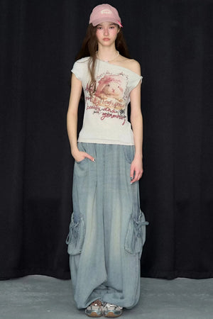 Off-Shoulder Rabbit Print Short-Sleeve T-Shirt