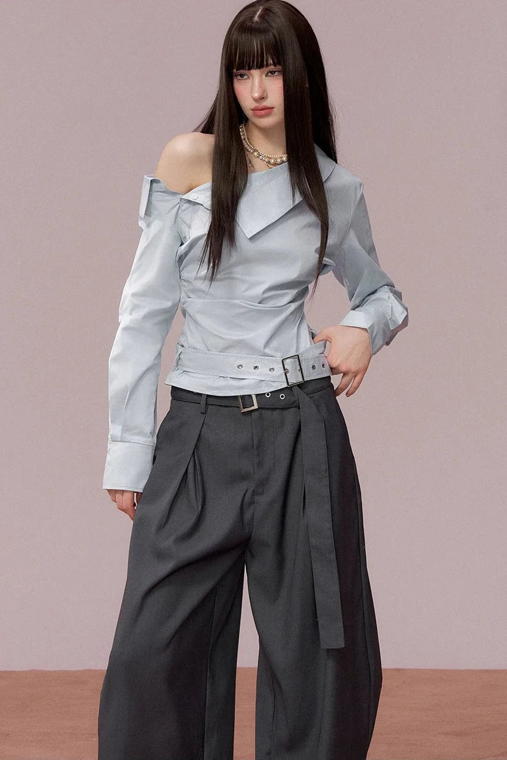 Off-Shoulder Ruched Belt Shirt