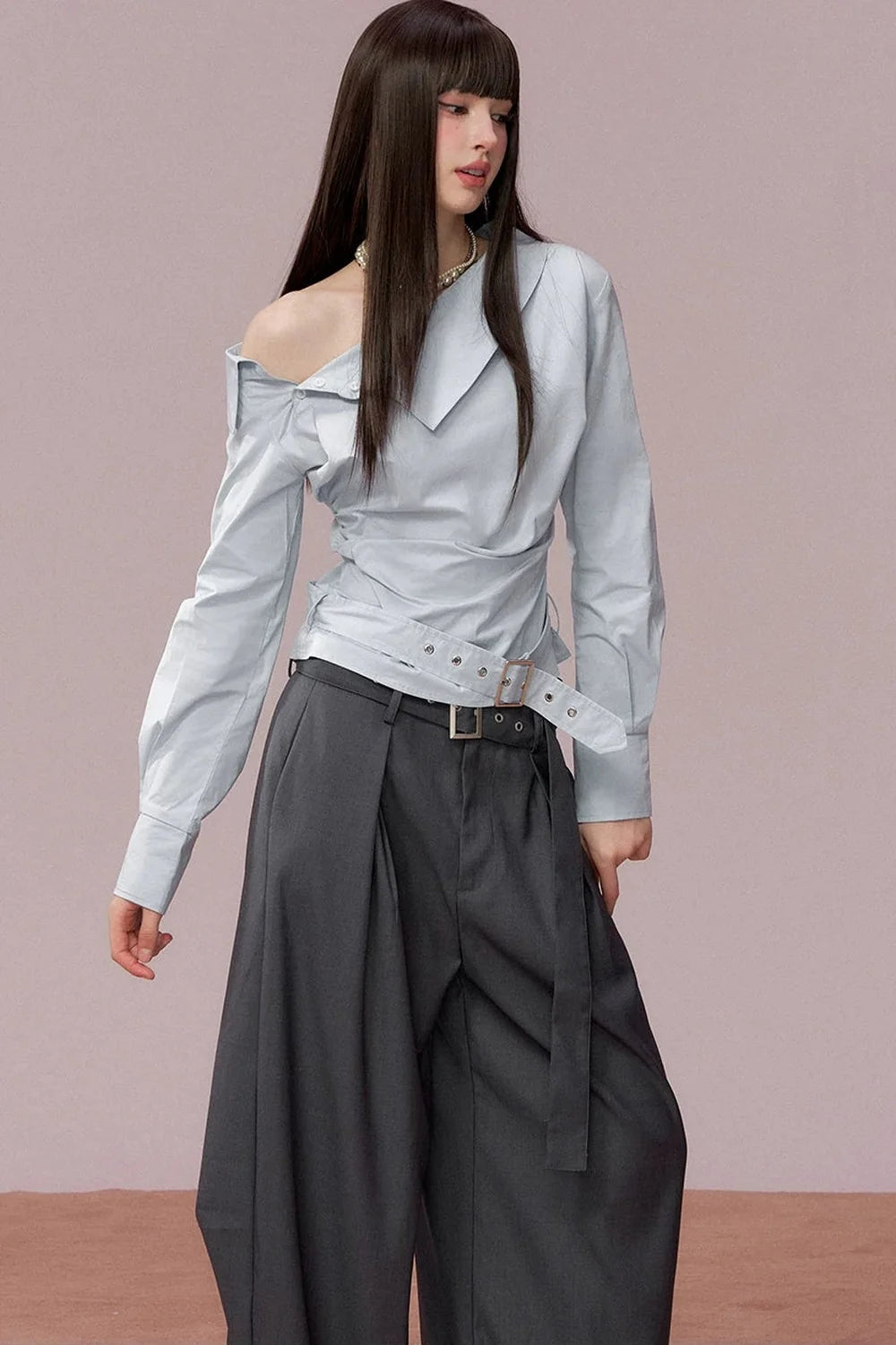 Off-Shoulder Ruched Belt Shirt
