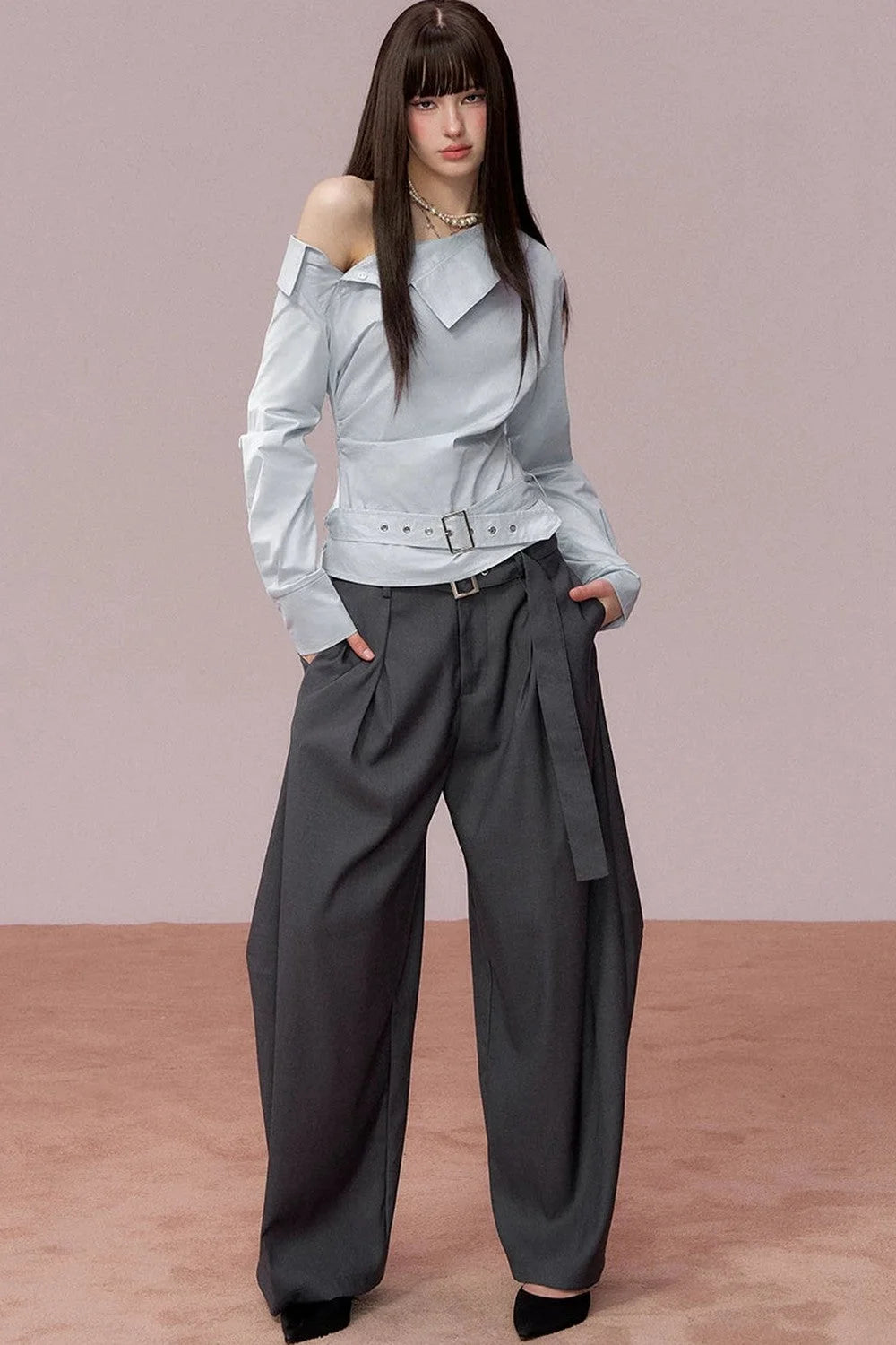 Off-Shoulder Ruched Belt Shirt