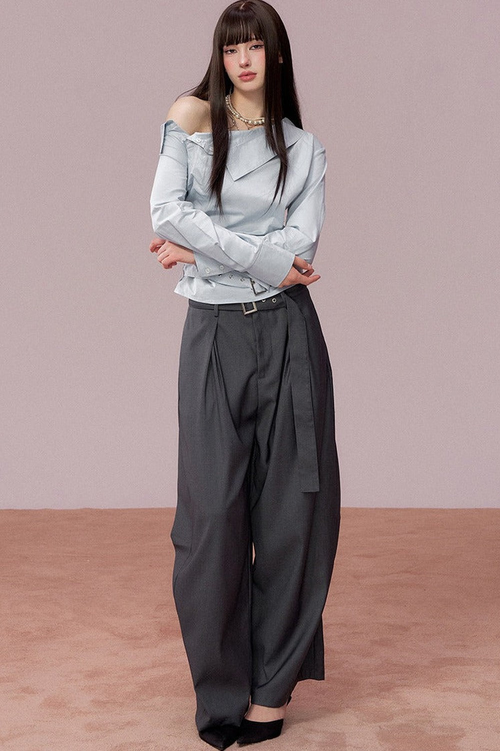 Off-Shoulder Ruched Belt Shirt