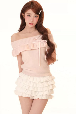 Off-Shoulder Ruffle Knit Top Set-Up