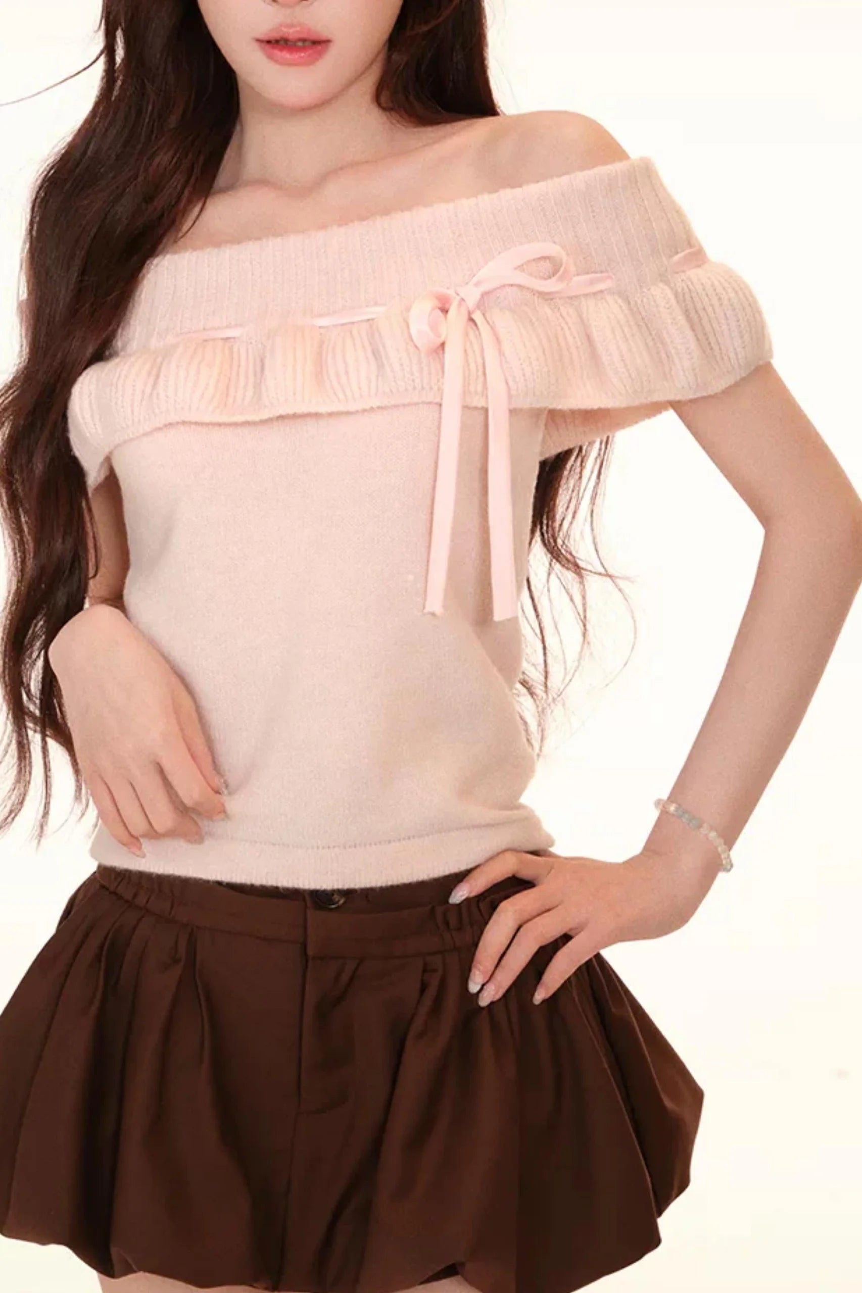 Off-Shoulder Ruffle Knit Top Set-Up