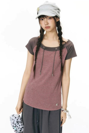 Off-Shoulder Striped Raglan T-Shirt