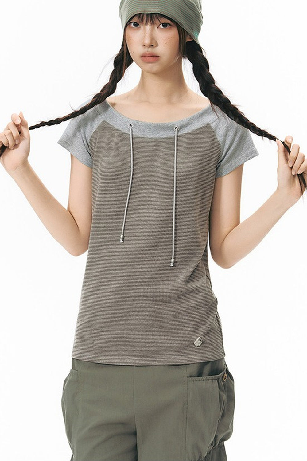Off-Shoulder Striped Raglan T-Shirt
