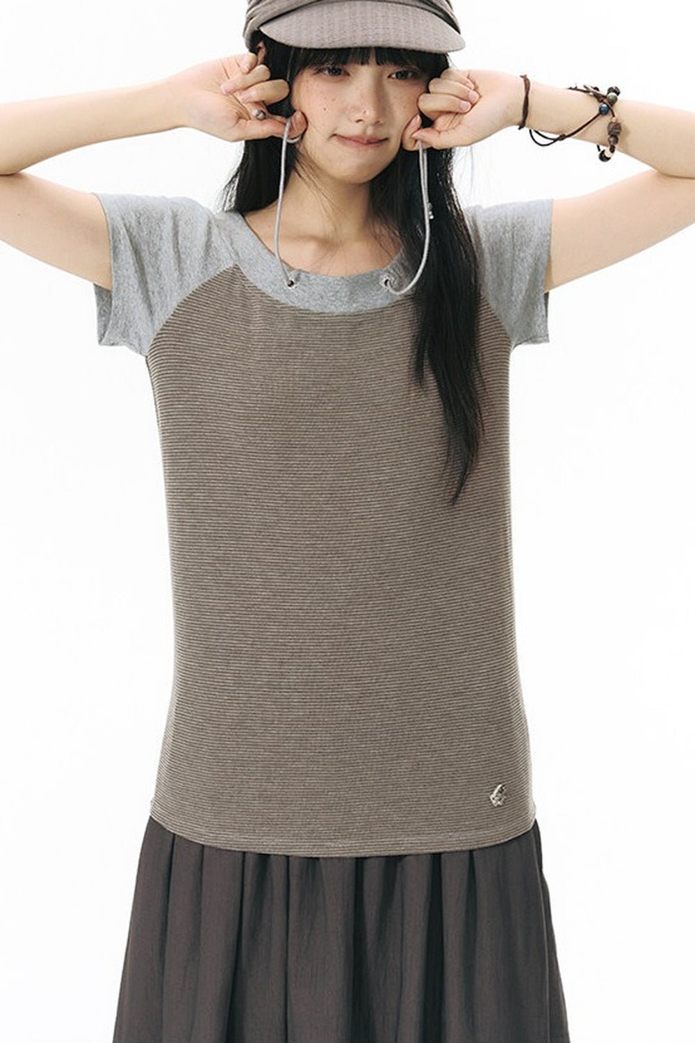 Off-Shoulder Striped Raglan T-Shirt