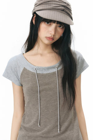 Off-Shoulder Striped Raglan T-Shirt