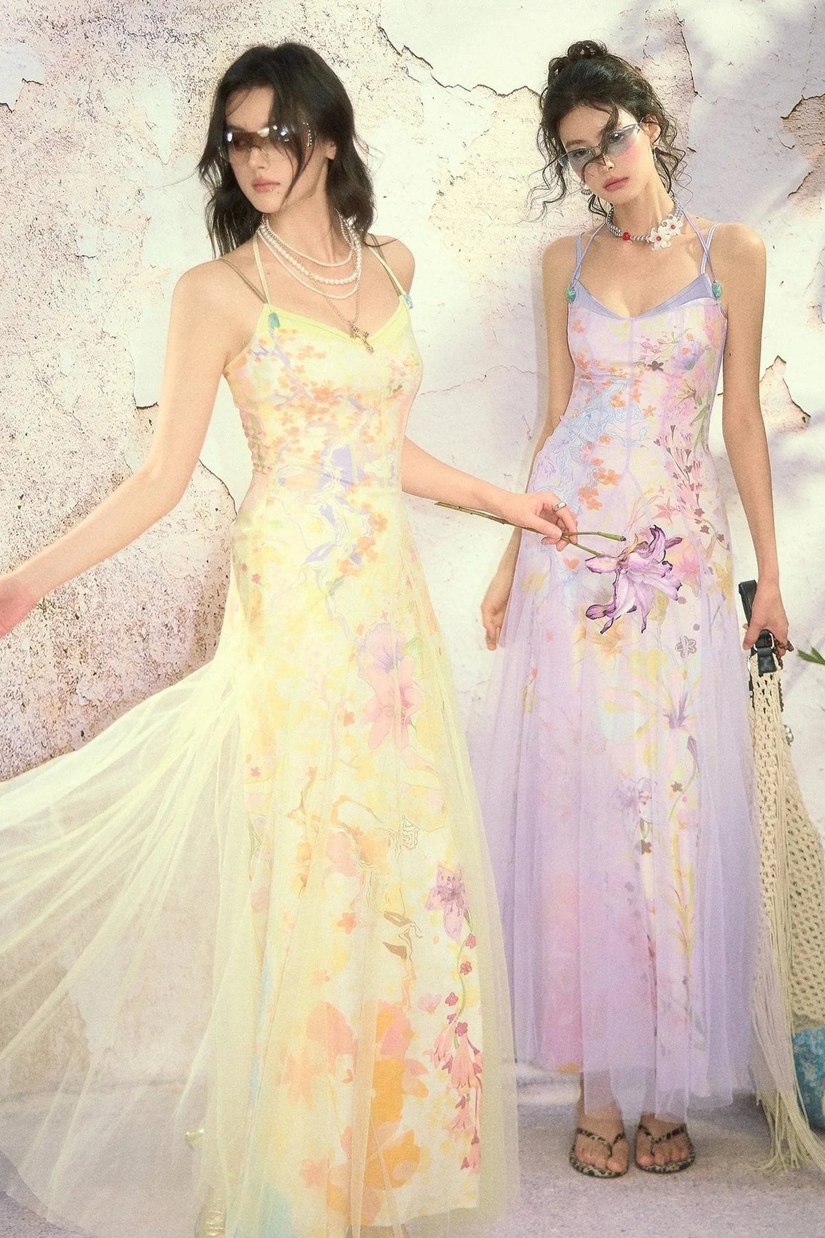 Oil Painting Print Organza Camisole Dress
