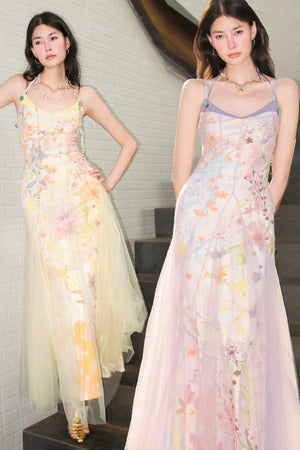 Oil Painting Print Organza Camisole Dress