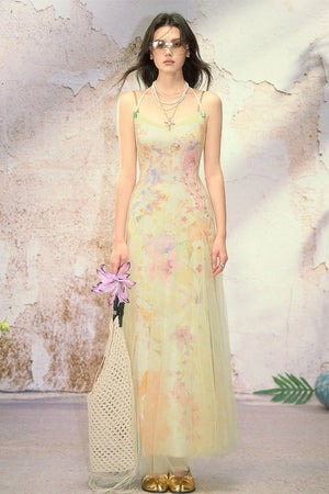 Oil Painting Print Organza Camisole Dress