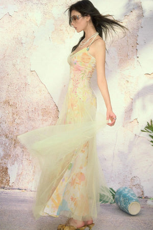 Oil Painting Print Organza Camisole Dress