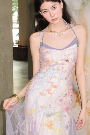 Oil Painting Print Organza Camisole Dress