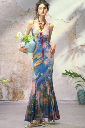 Oil Painting Print Wide Hem Halter Dress