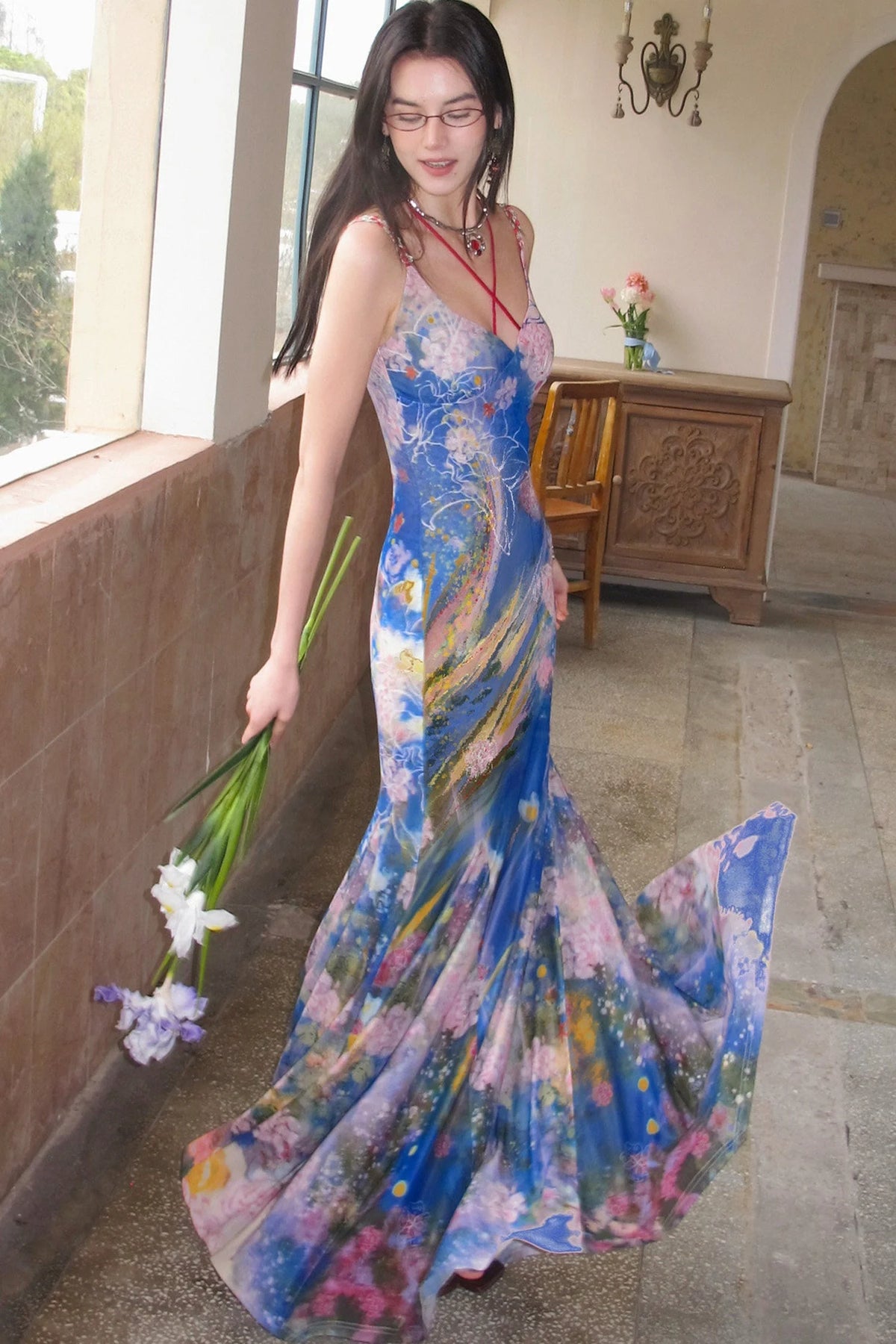 Oil Painting Print Wide Hem Halter Dress