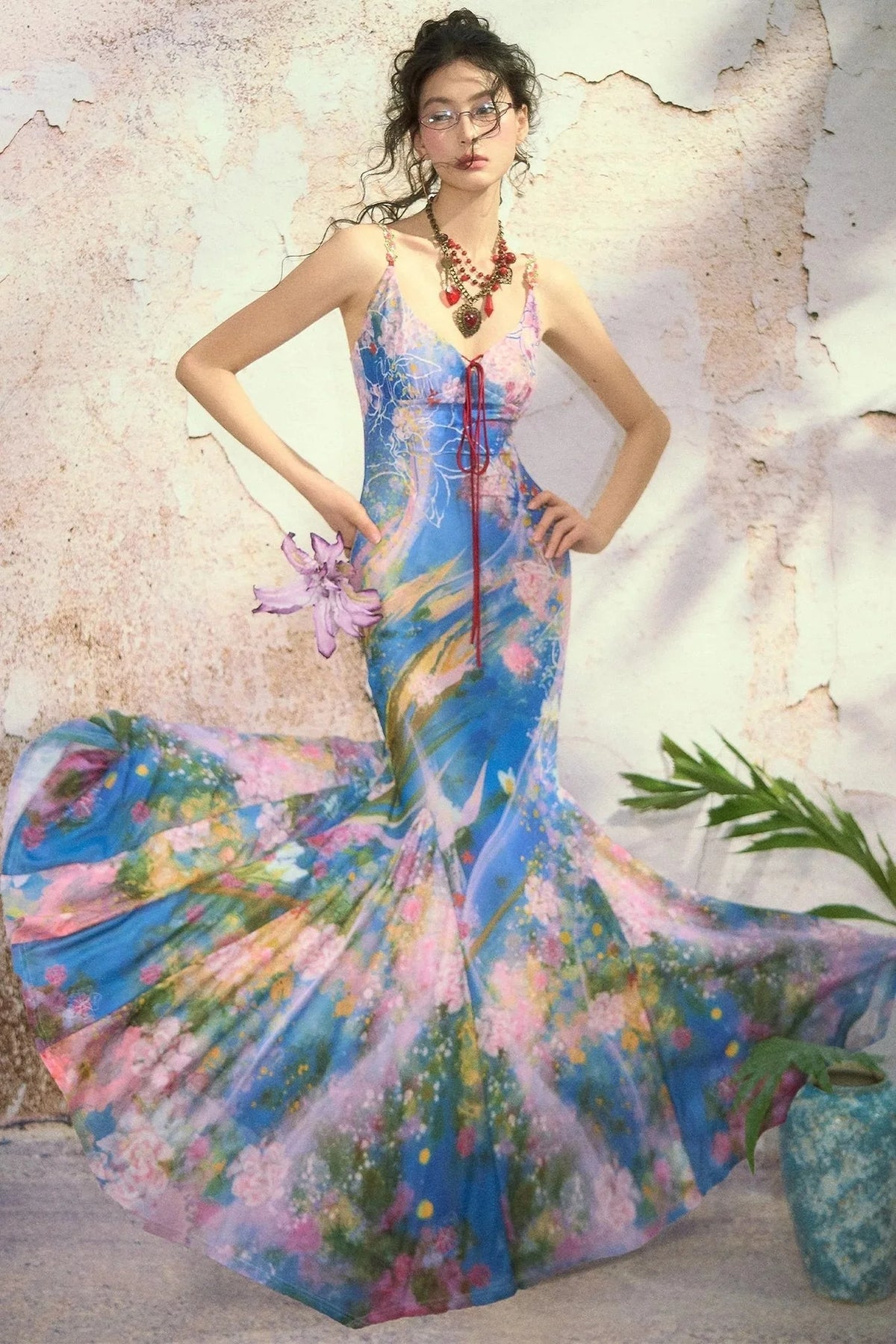 Oil Painting Print Wide Hem Halter Dress