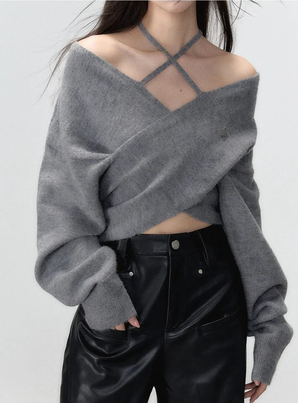 One-shoulder collarbone wool tops