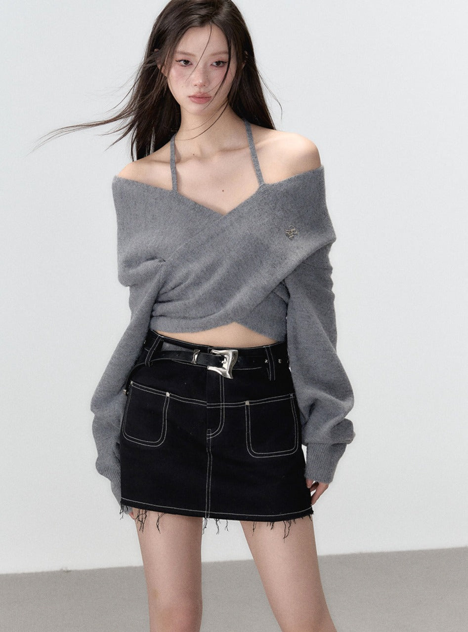 One-shoulder collarbone wool tops