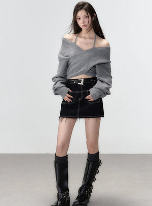 One-shoulder collarbone wool tops
