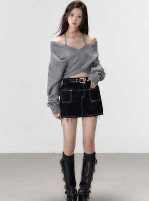 One-shoulder collarbone wool tops
