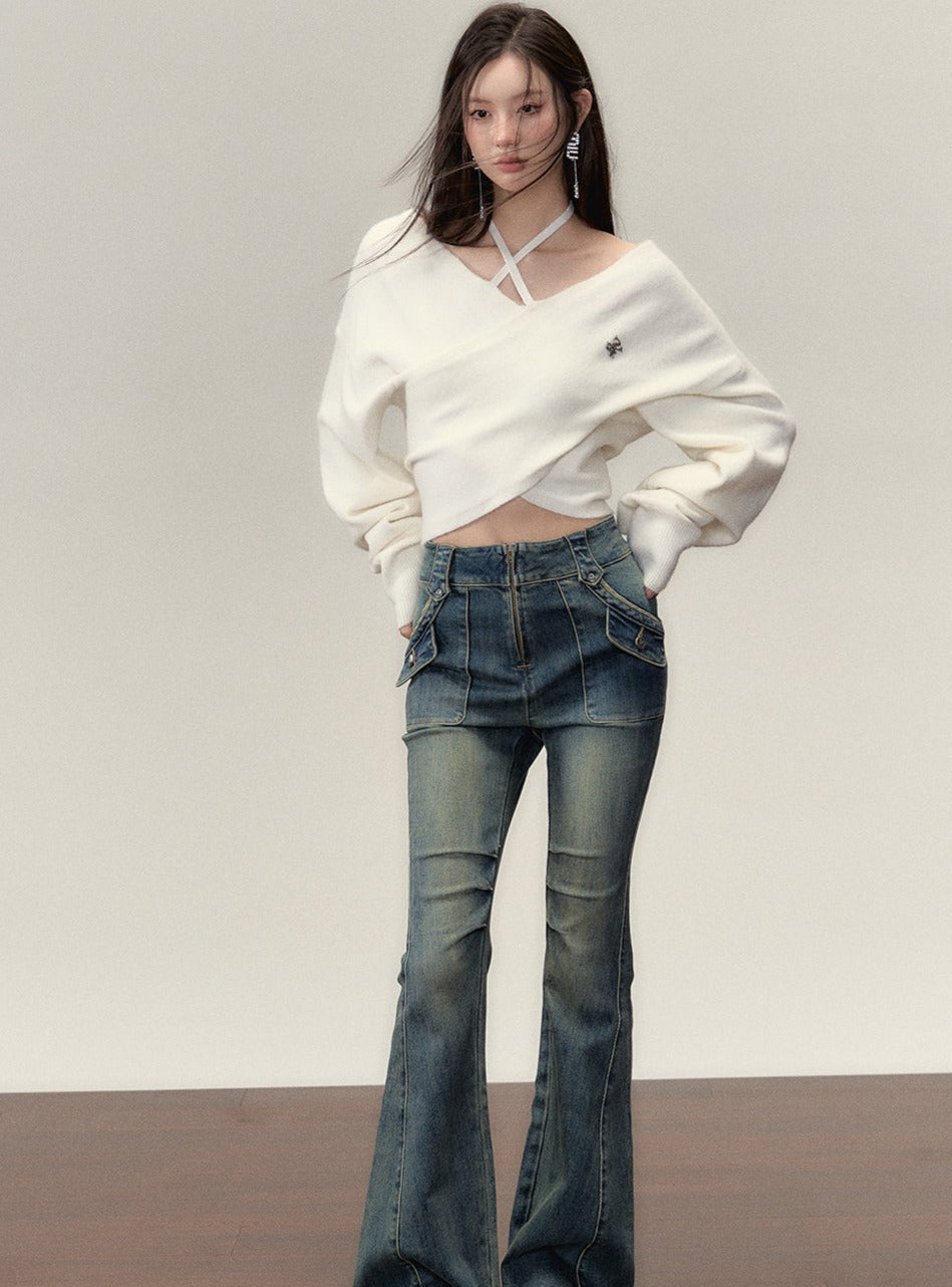 One-shoulder collarbone wool tops