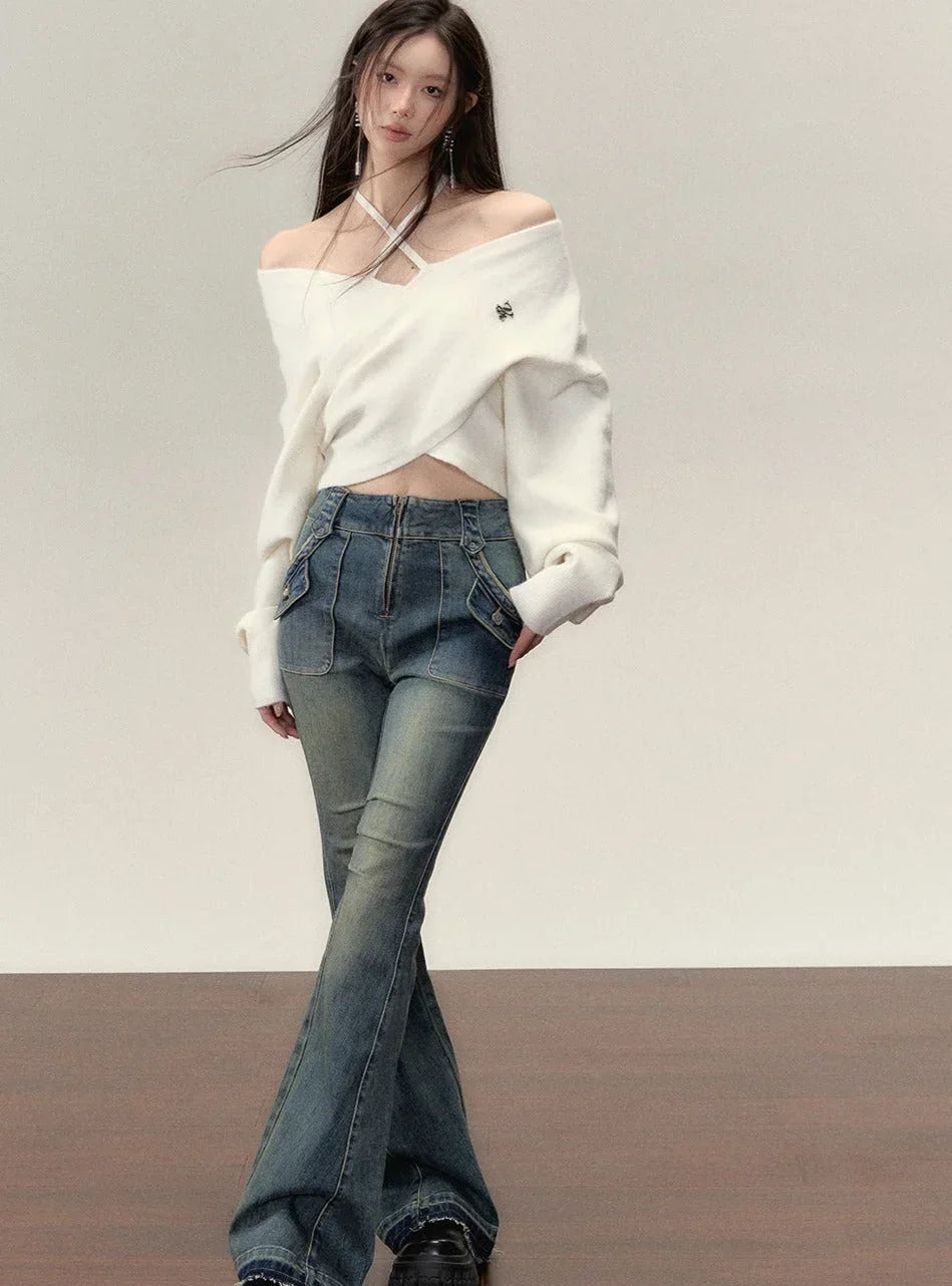 One-shoulder collarbone wool tops