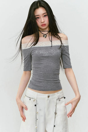 One-Shoulder Lace Rhinestone Short-Sleeve T-Shirt