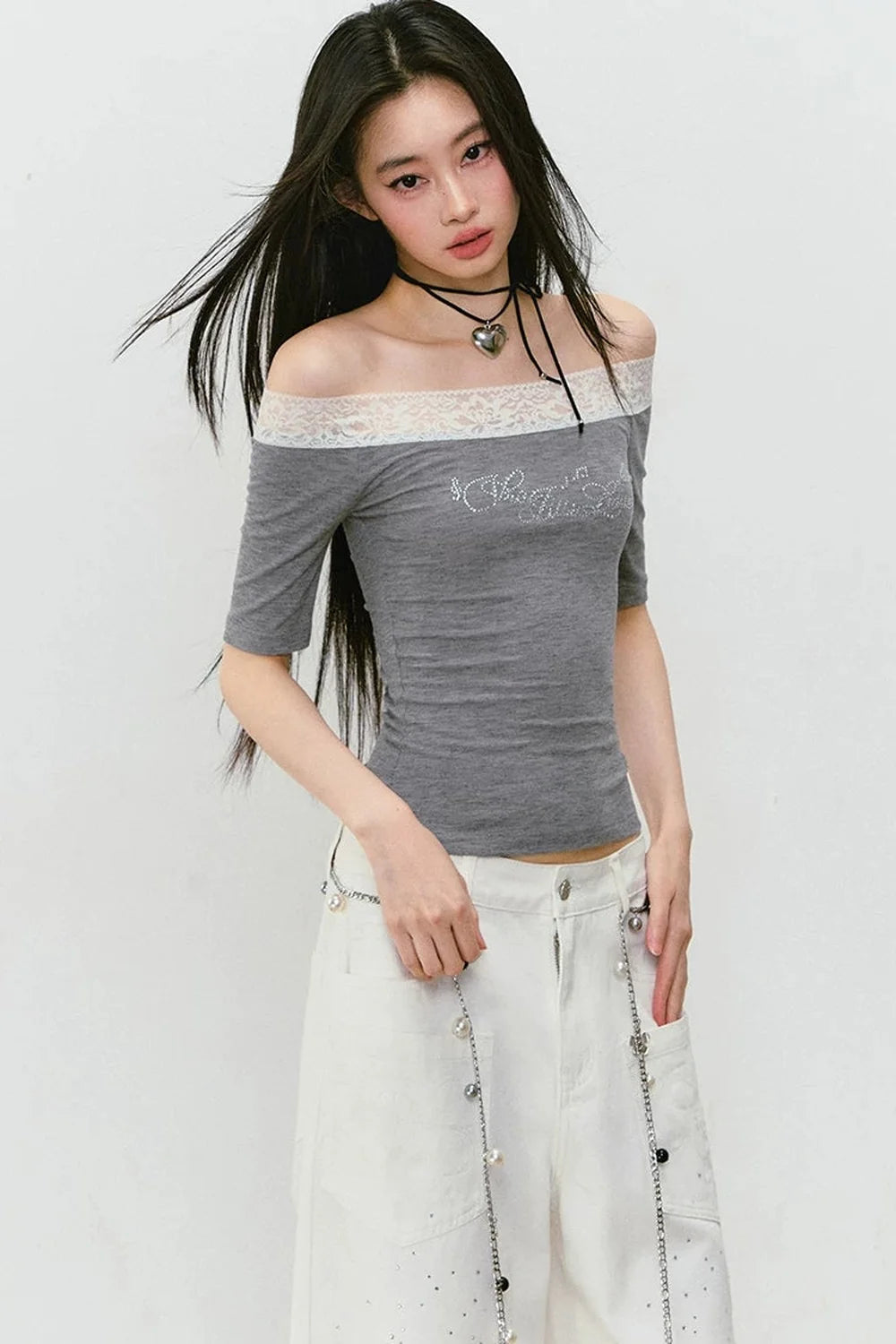 One-Shoulder Lace Rhinestone Short-Sleeve T-Shirt