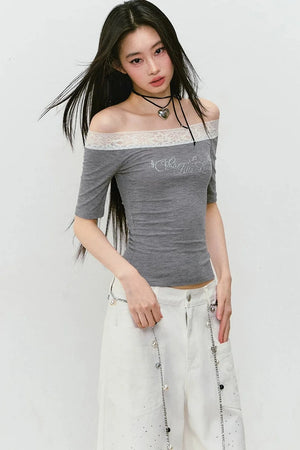 One-Shoulder Lace Rhinestone Short-Sleeve T-Shirt