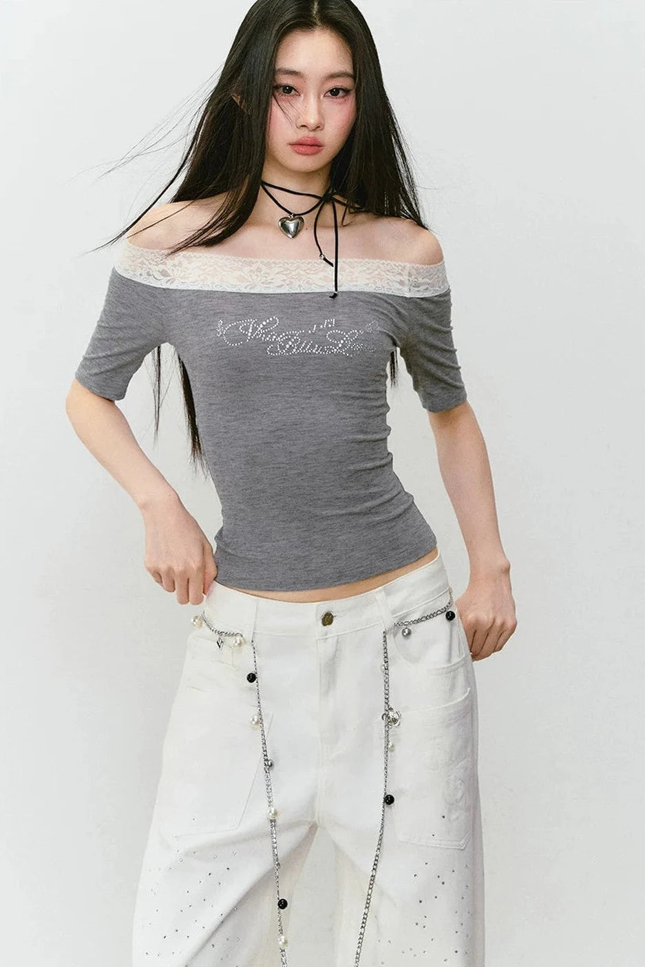 One-Shoulder Lace Rhinestone Short-Sleeve T-Shirt