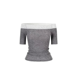 One-Shoulder Lace Rhinestone Short-Sleeve T-Shirt
