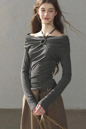 One-Shoulder Long-Sleeve Halter Blouse